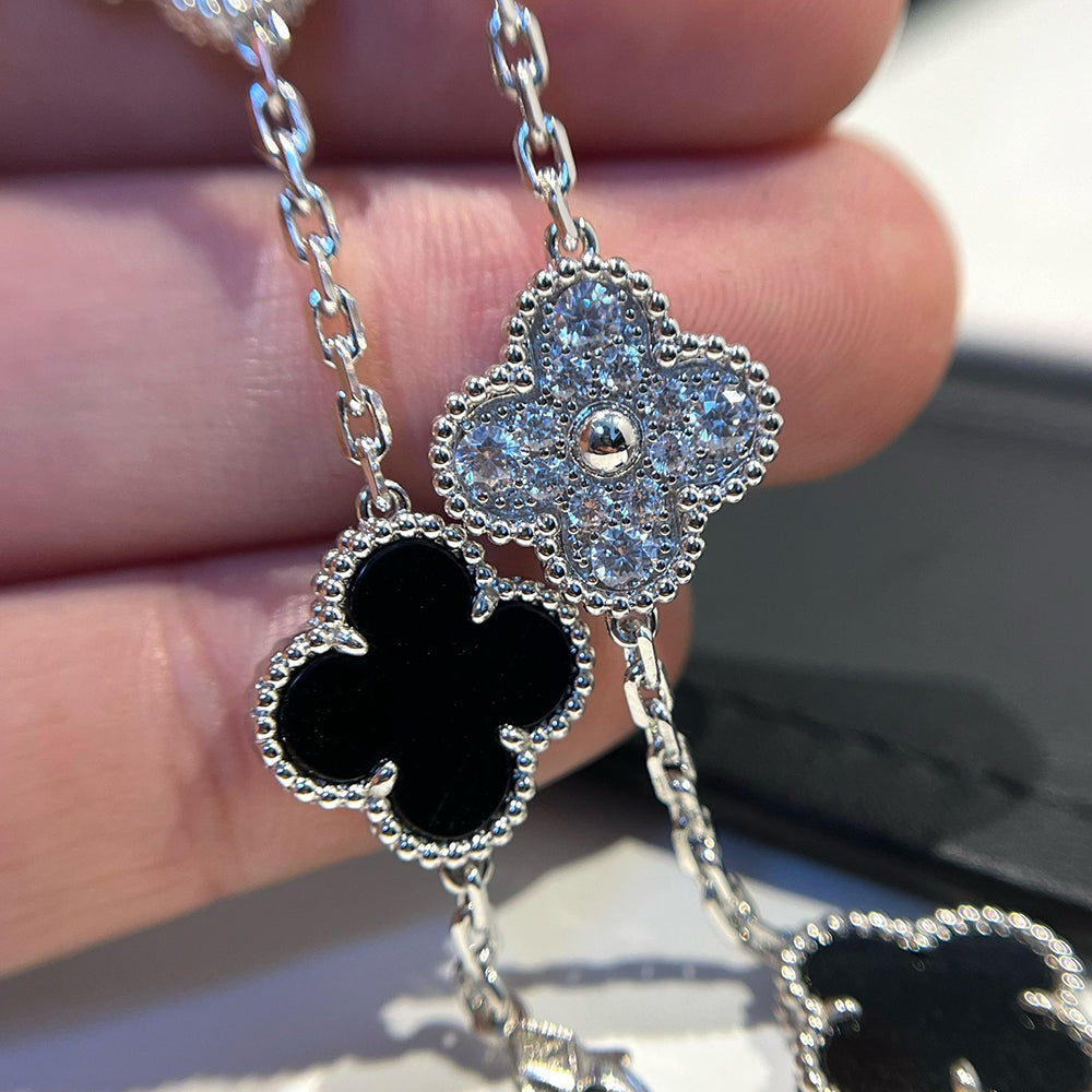 [Love Lucky]CLOVER 5 MOTIF ONYXS DIAMOND BRACELET SILVER