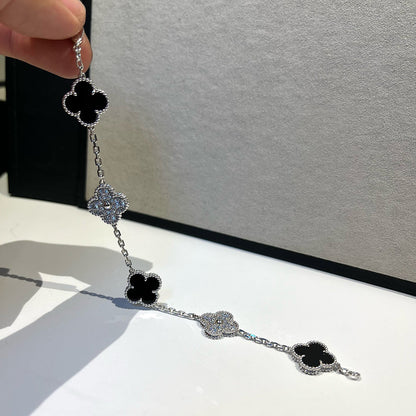 [Love Lucky]CLOVER 5 MOTIF ONYXS DIAMOND BRACELET SILVER