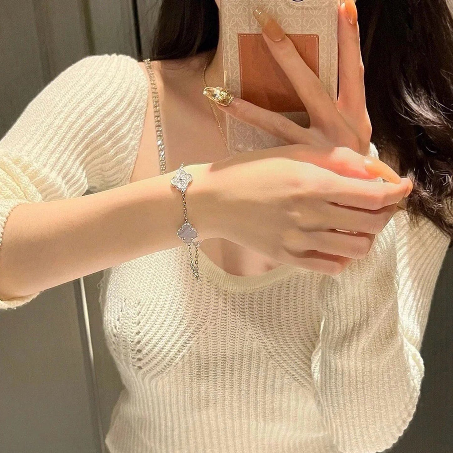 [Love Lucky]CLOVER  5 MOTIF DIAMOND PURPLE CHALCEDONY BRACELET SILVER