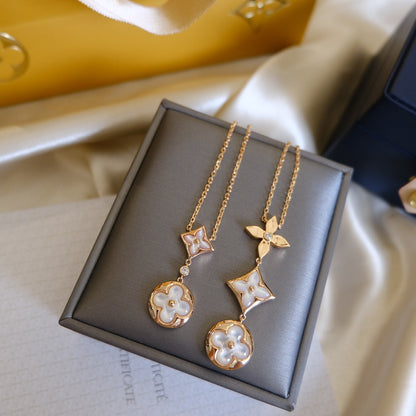 [Love Lucky]COLOR BLOSSOM LARIAT NECKLACE PINK GOLD WHITE MOTHER PEARL AND DIAMOND