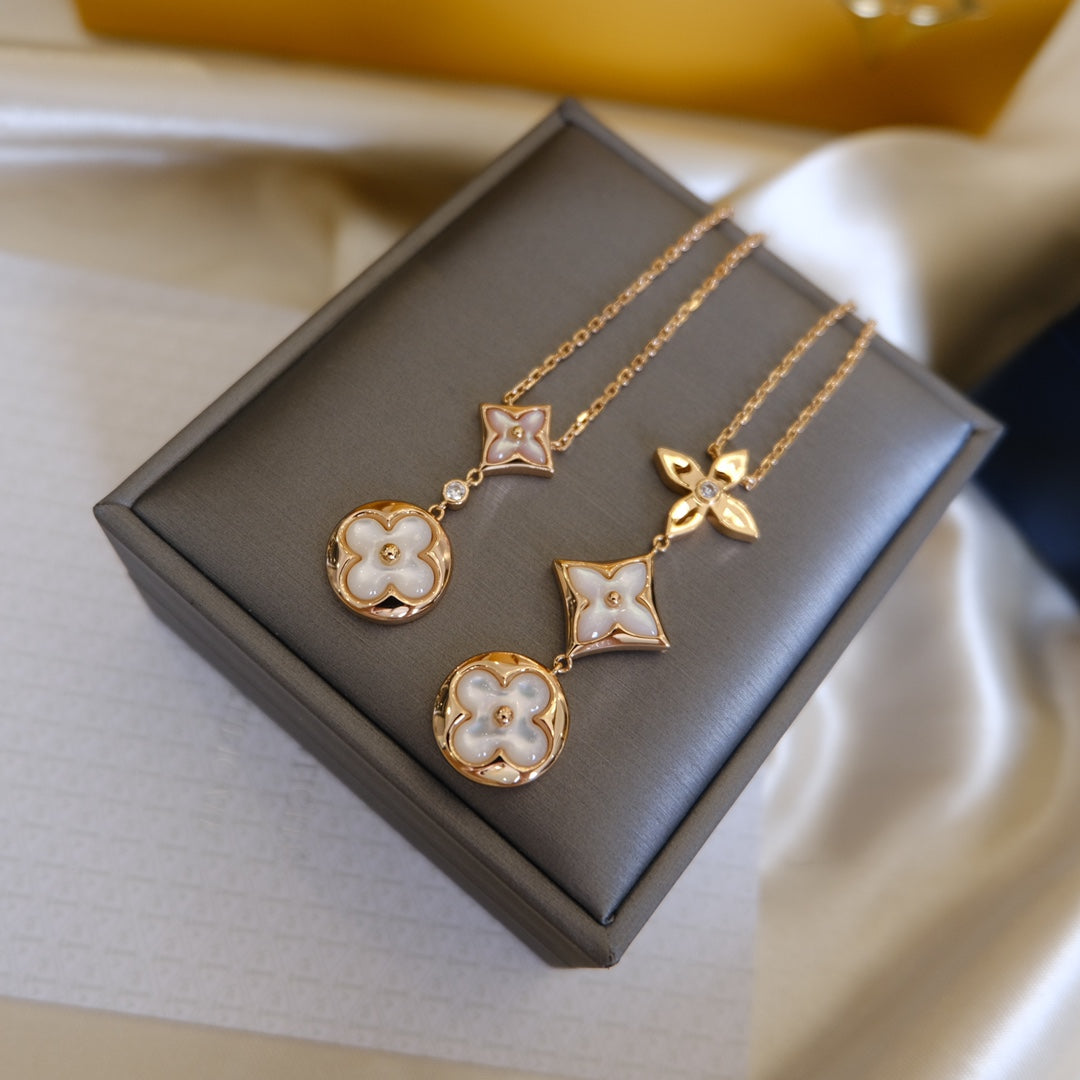 [Love Lucky]COLOR BLOSSOM LARIAT NECKLACE PINK GOLD WHITE MOTHER PEARL AND DIAMOND