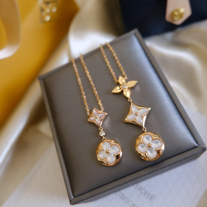 [Love Lucky]COLOR BLOSSOM LARIAT NECKLACE PINK GOLD WHITE MOTHER PEARL AND DIAMOND