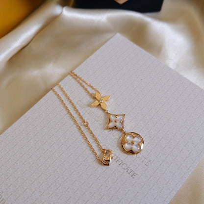 [Love Lucky]COLOR BLOSSOM LARIAT NECKLACE PINK GOLD WHITE MOTHER PEARL AND DIAMOND