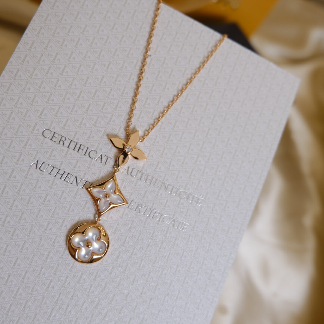 [Love Lucky]COLOR BLOSSOM LARIAT NECKLACE PINK GOLD WHITE MOTHER PEARL AND DIAMOND