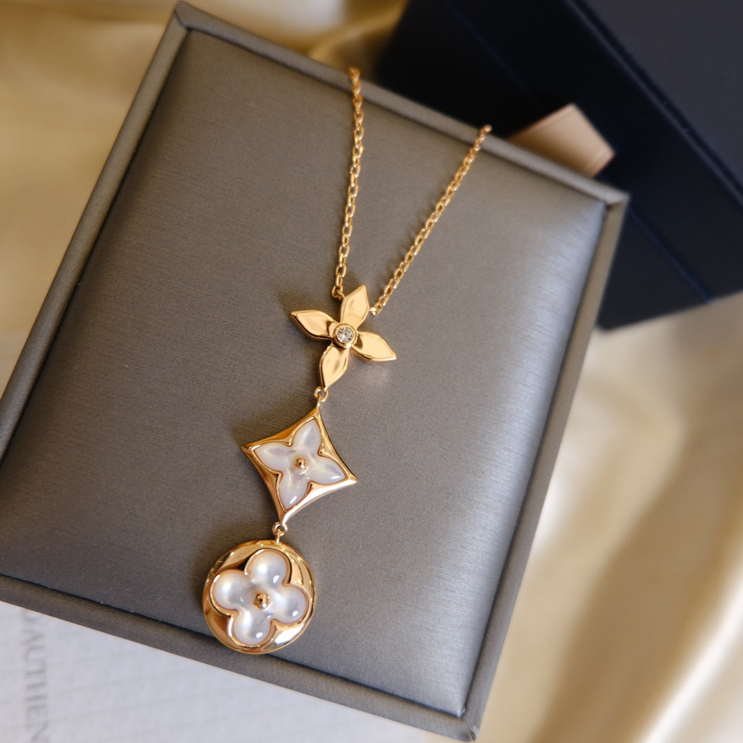 [Love Lucky]COLOR BLOSSOM LARIAT NECKLACE PINK GOLD WHITE MOTHER PEARL AND DIAMOND