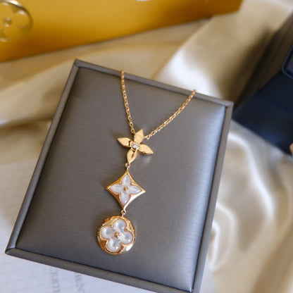 [Love Lucky]COLOR BLOSSOM LARIAT NECKLACE PINK GOLD WHITE MOTHER PEARL AND DIAMOND
