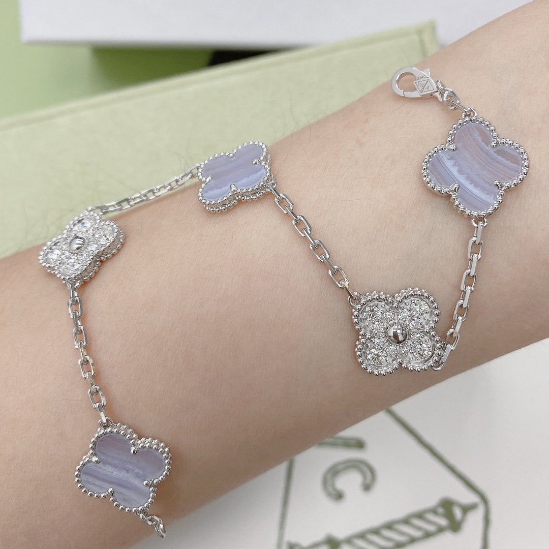 [Love Lucky]CLOVER  5 MOTIF DIAMOND PURPLE CHALCEDONY BRACELET SILVER