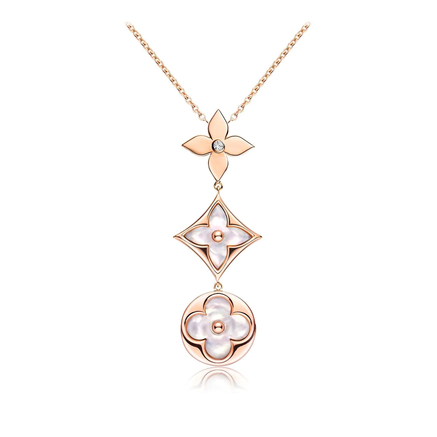 [Love Lucky]COLOR BLOSSOM LARIAT NECKLACE PINK GOLD WHITE MOTHER PEARL AND DIAMOND