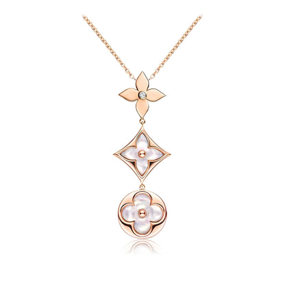 [Love Lucky]COLOR BLOSSOM LARIAT NECKLACE PINK GOLD WHITE MOTHER PEARL AND DIAMOND