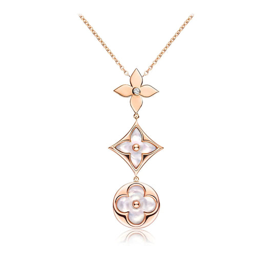 [Love Lucky]COLOR BLOSSOM LARIAT NECKLACE PINK GOLD WHITE MOTHER PEARL AND DIAMOND