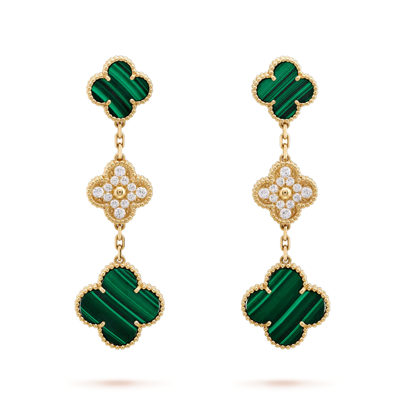 [Love Lucky]CLOVER EARRINGS GOLD MALACHITE DIAMOND 3 MOTIF