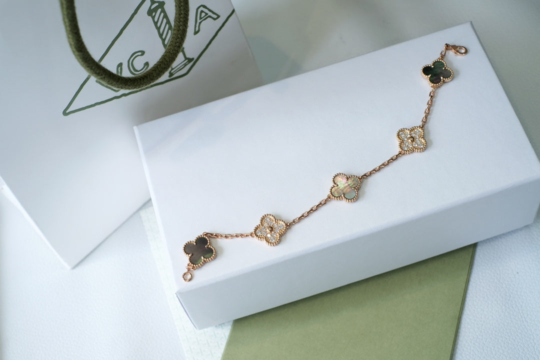 [Love Lucky]CLOVER 5 MOTIFS DARK MOP AND DIAMONDS PINK GOLD BRACELET