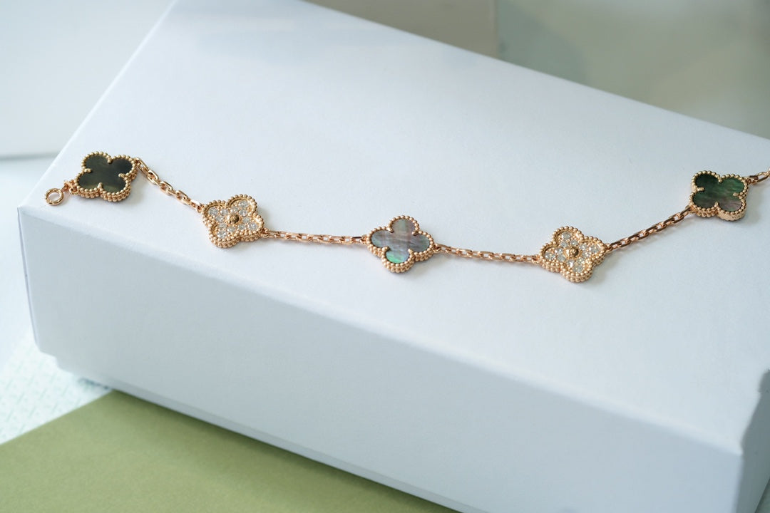 [Love Lucky]CLOVER 5 MOTIFS DARK MOP AND DIAMONDS PINK GOLD BRACELET