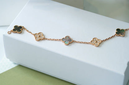 [Love Lucky]CLOVER 5 MOTIFS DARK MOP AND DIAMONDS PINK GOLD BRACELET