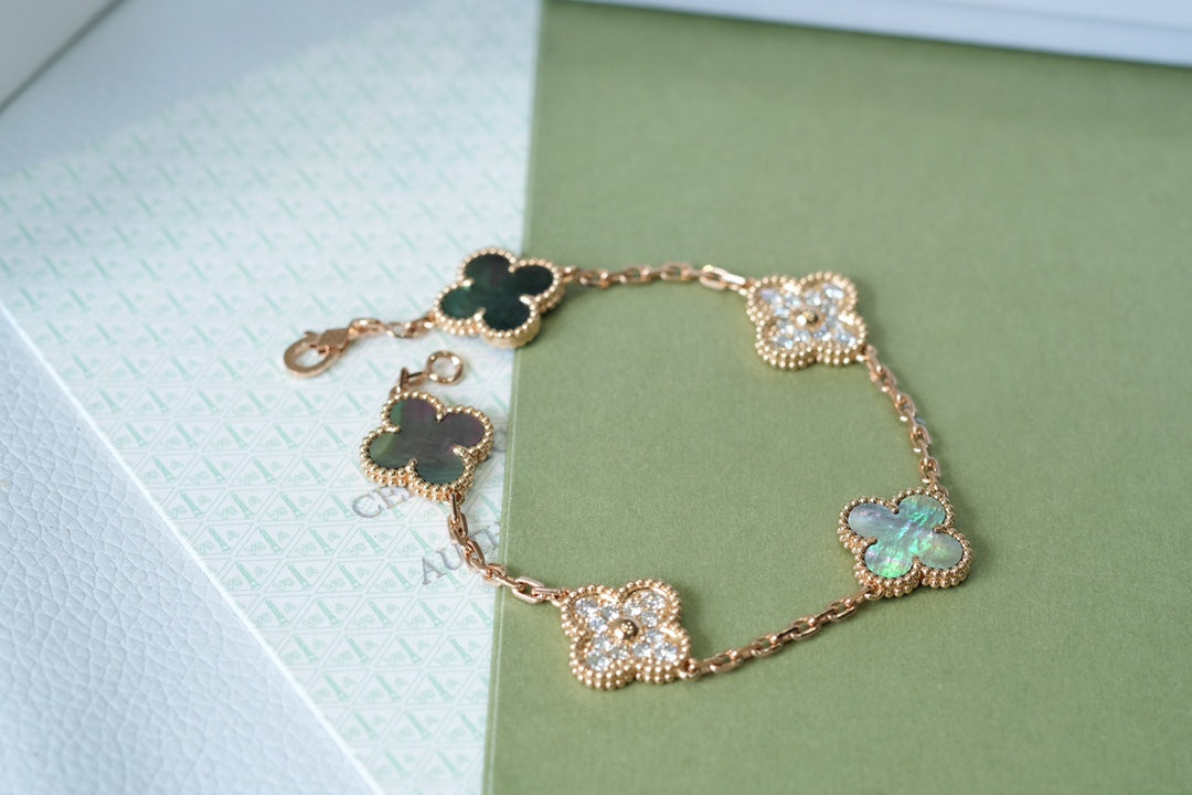 [Love Lucky]CLOVER 5 MOTIFS DARK MOP AND DIAMONDS PINK GOLD BRACELET