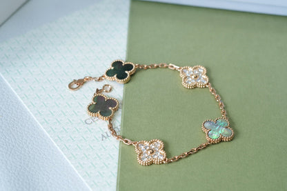 [Love Lucky]CLOVER 5 MOTIFS DARK MOP AND DIAMONDS PINK GOLD BRACELET