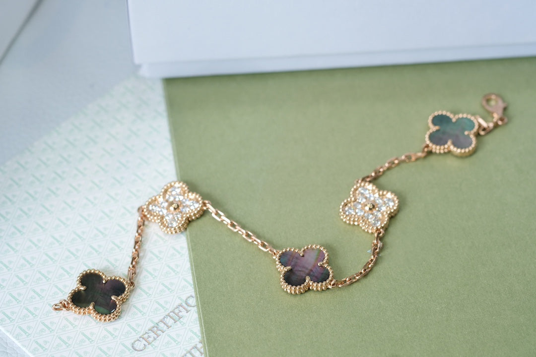 [Love Lucky]CLOVER 5 MOTIFS DARK MOP AND DIAMONDS PINK GOLD BRACELET