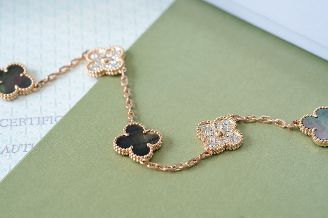 [Love Lucky]CLOVER 5 MOTIFS DARK MOP AND DIAMONDS PINK GOLD BRACELET