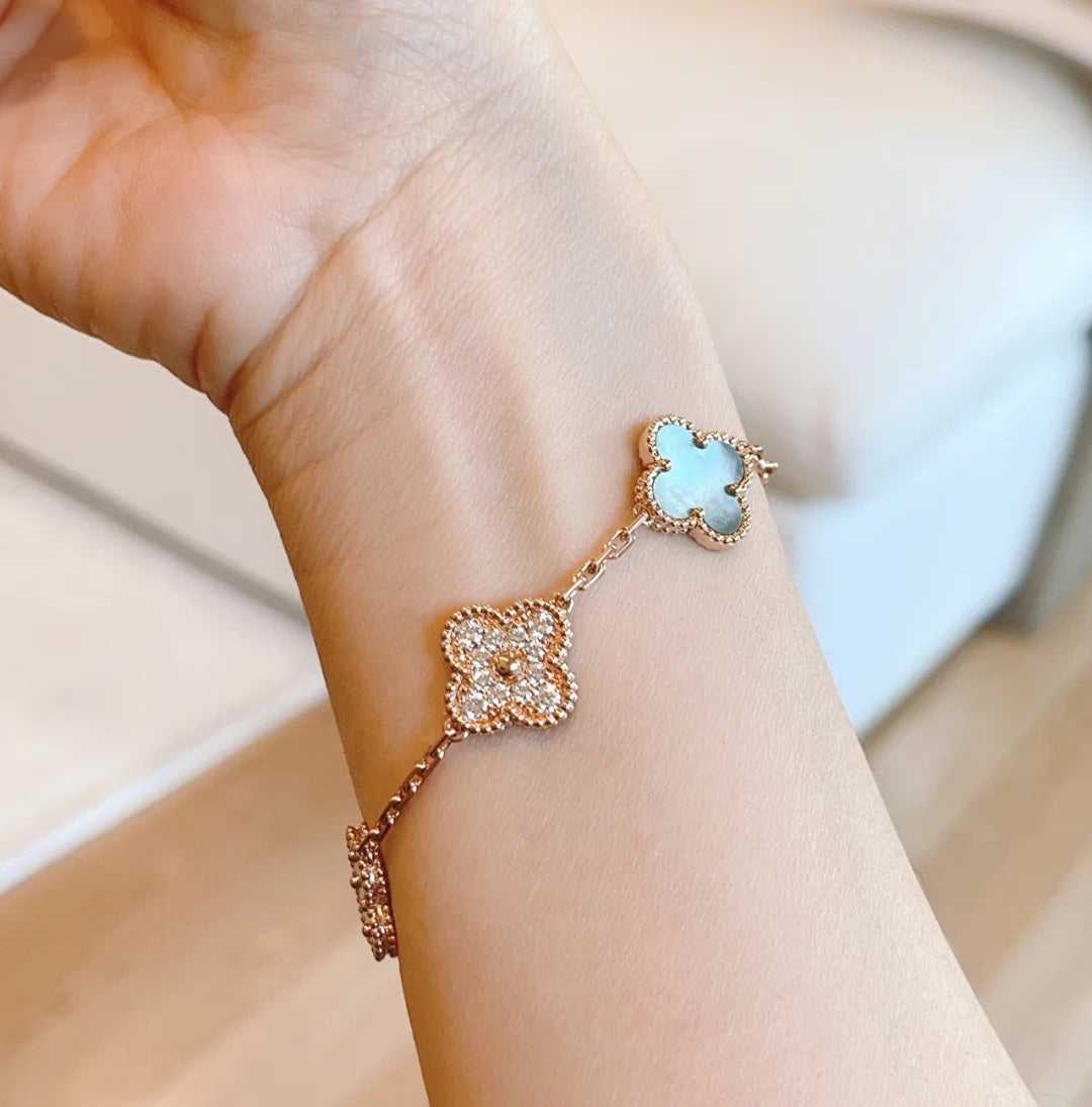 [Love Lucky]CLOVER 5 MOTIFS DARK MOP AND DIAMONDS PINK GOLD BRACELET